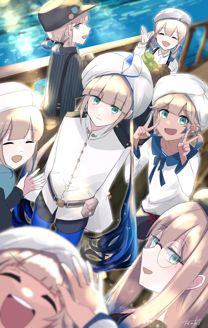 1boy 6+others baker_nemo_(fate) bangs beret black_headwear blue_hair blue_pants blush braid braided_ponytail captain_nemo_(fate) closed_eyes double_v engineer_nemo_(fate) fate/grand_order fate_(series) glasses gradient_hair green_eyes grey_headwear hat hat_feather highres jacket light_brown_hair long_hair long_sleeves looking_at_viewer low_twintails marine_nemo_(fate) medium_hair multicolored_hair multiple_others nemo_series_(fate) nurse_cap nurse_nemo_(fate) open_mouth pants professor_nemo_(fate) round_eyewear short_hair short_twintails sidelocks smile thighs tight tight_pants tsu_ki2 turban twintails two-tone_hair v white_headwear white_jacket