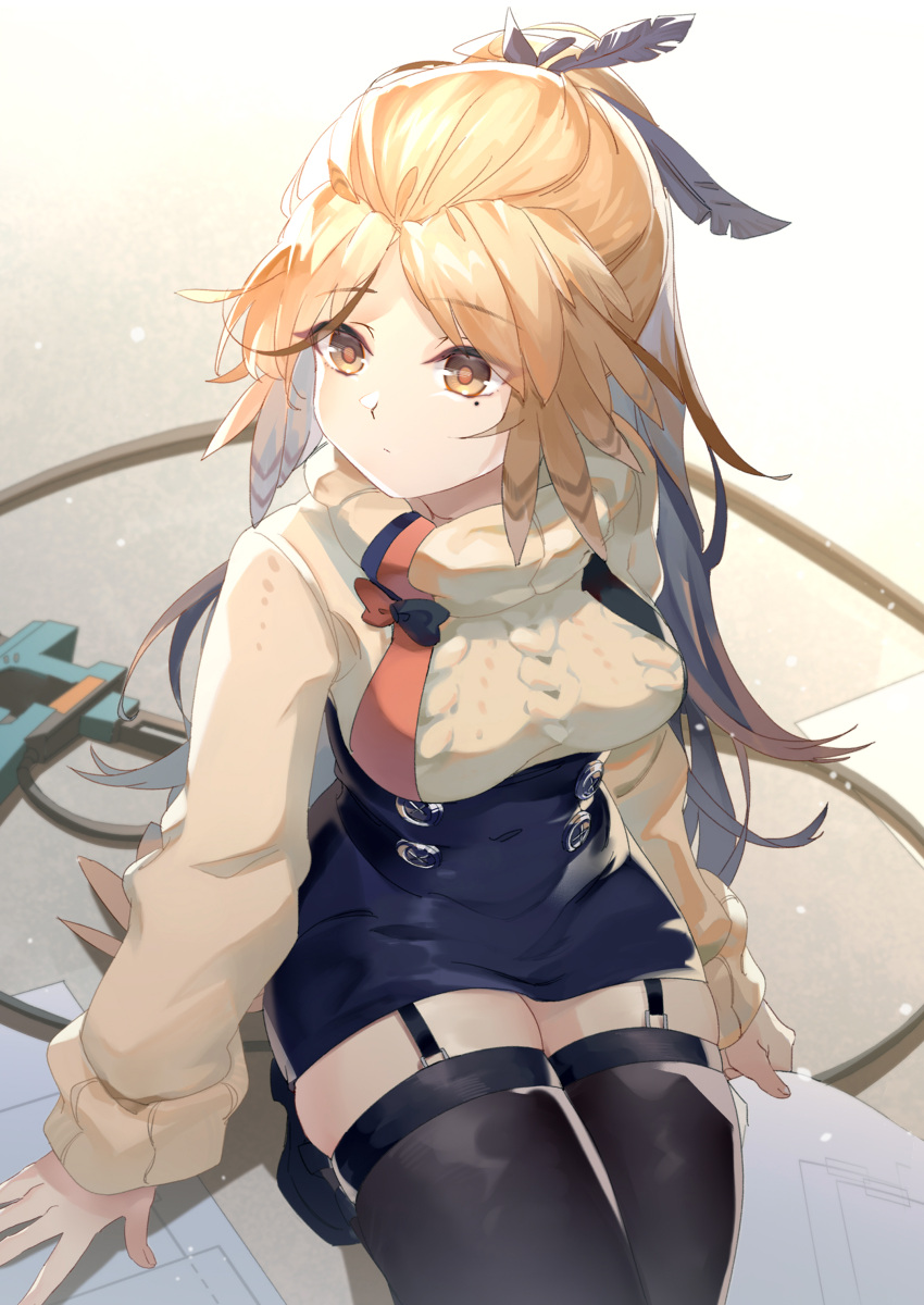 1girl absurdres aran_sweater arknights beige_sweater black_legwear blue_skirt bow breasts buttons commentary feather_hair garter_straps highres large_breasts long_hair looking_to_the_side mole mole_under_eye nail_gun orange_eyes orange_hair paper pinecone_(arknights) ponytail sitting skirt solo sweater thigh-highs thighs yonago_miko zettai_ryouiki