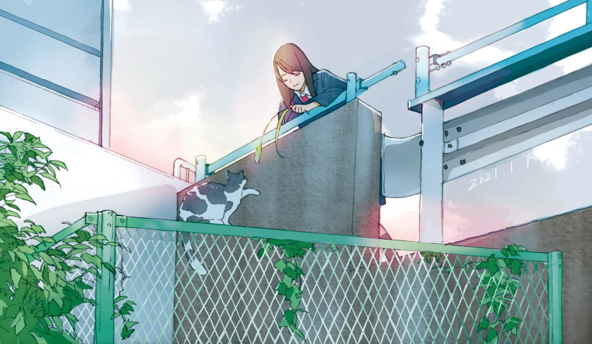 1girl black_legwear blue_jacket brown_hair building cat cattail chain-link_fence closed_eyes closed_mouth clouds commentary_request fence highres jacket kneehighs leaf leaning_on_rail long_hair long_sleeves original plant school_uniform sky solo wamizu