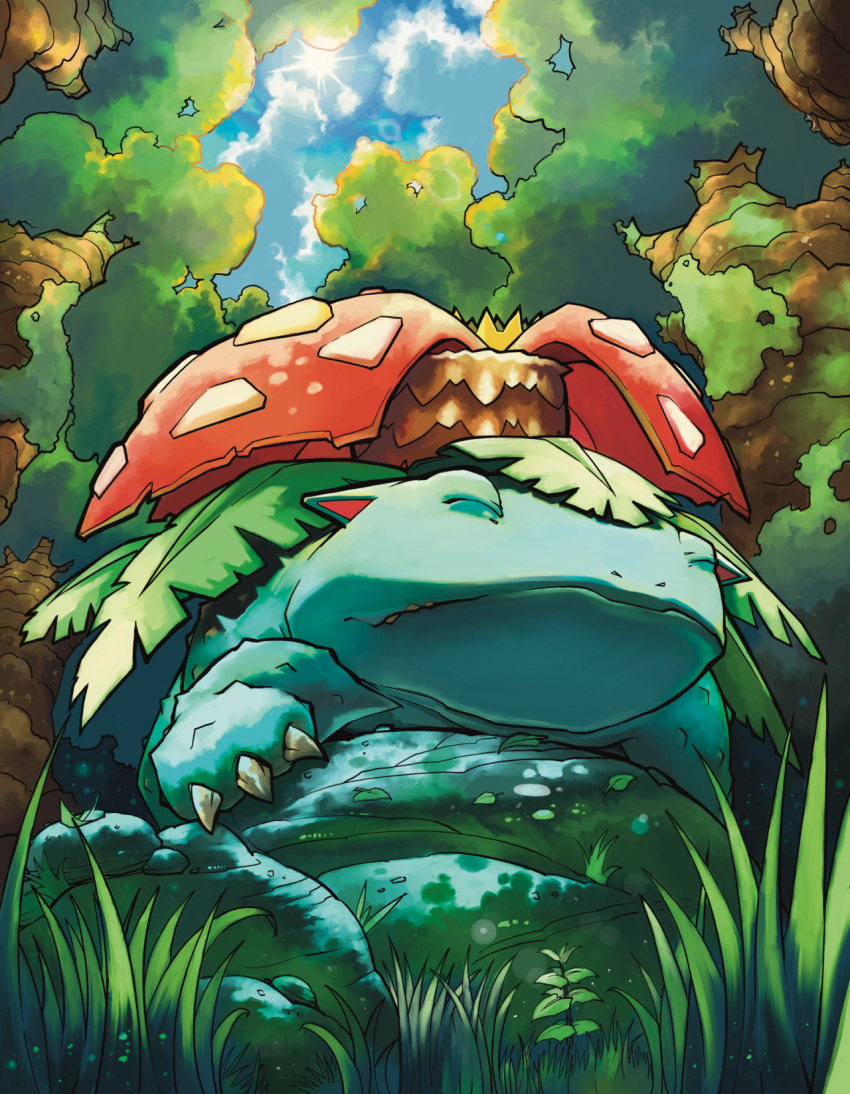 claws closed_eyes closed_mouth clouds commentary_request day from_below gen_1_pokemon grass highres no_humans outdoors pokemon pokemon_(creature) sky solo sun tree venusaur yamanushi