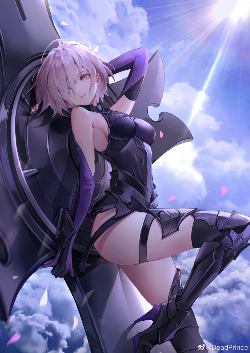 1girl absurdres ahoge arm_behind_head arm_up armored_boots armored_leotard bangs bare_shoulders black_footwear black_legwear black_leotard boots breasts chinese_commentary clouds commentary_request day deadprince elbow_gloves fate/grand_order fate_(series) foot_out_of_frame gloves hair_between_eyes hair_over_one_eye high_heel_boots high_heels highres leotard light_purple_hair looking_at_viewer looking_to_the_side mash_kyrielight medium_breasts outdoors parted_lips purple_gloves short_hair solo standing standing_on_one_leg sunlight thigh-highs thigh_boots thigh_strap violet_eyes weibo_username