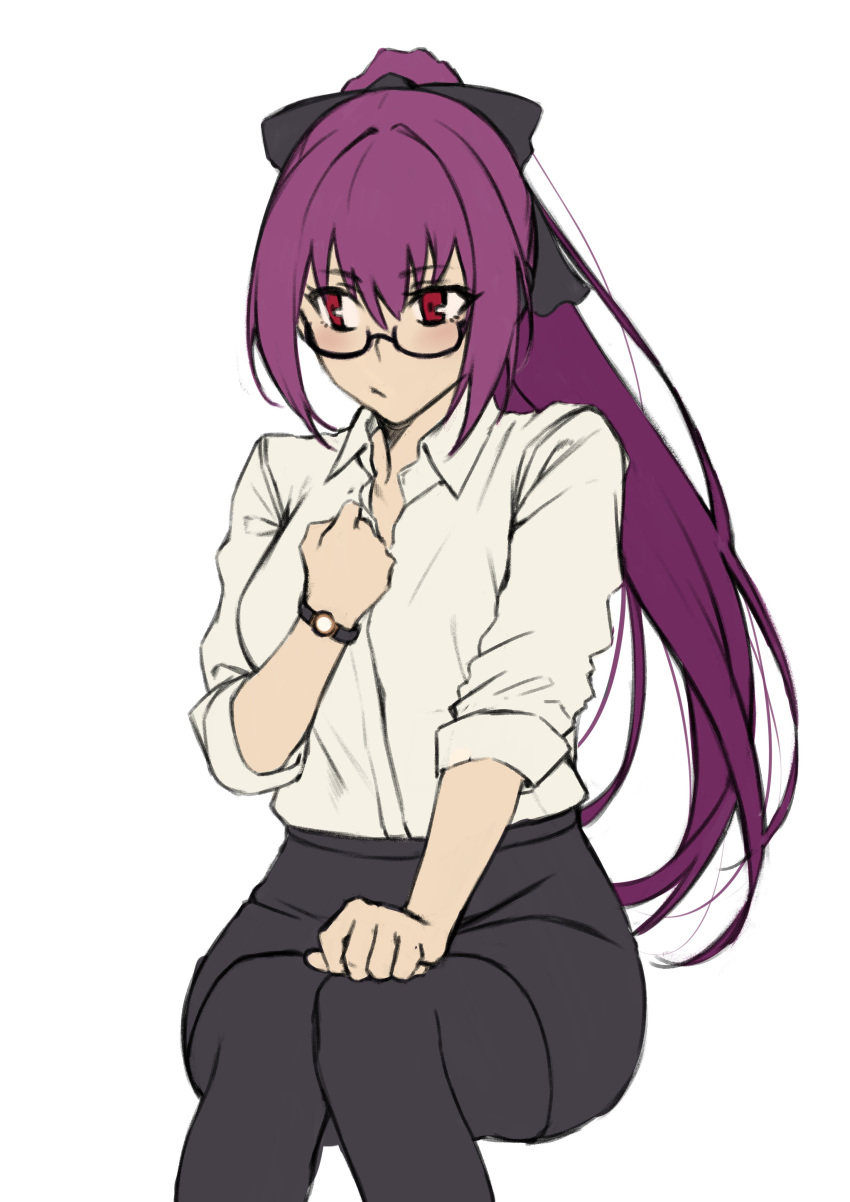 1girl absurdres bow breasts eyebrows_visible_through_hair fate/grand_order fate_(series) glasses hair_between_eyes hair_bow highres hiro_(hirohiro_gorira) long_hair pantyhose ponytail purple_hair red_eyes scathach_(fate) scathach_(fate)_(all) simple_background sitting skirt solo watch white_background