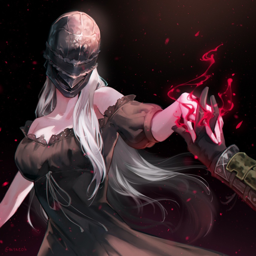 1girl bangs bare_shoulders black_dress black_gloves bloodborne commentary_request dress from_behind gloves grey_hair helm helmet highres holding_hands jiro_(ninetysix) long_hair magic mask solo_focus very_long_hair weapon