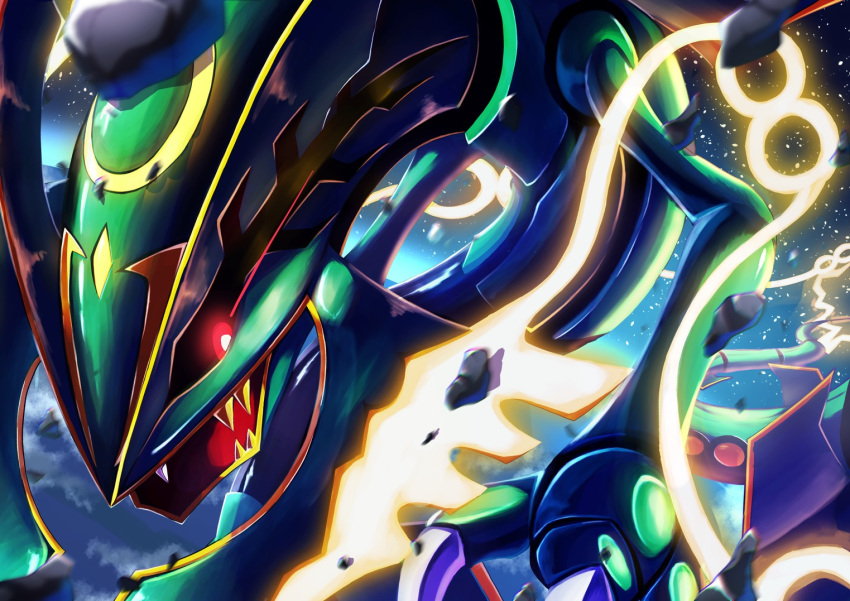 black_sclera blurry bright_pupils claws colored_sclera commentary_request fangs gen_3_pokemon glowing glowing_eyes legendary_pokemon looking_to_the_side mega_pokemon mega_rayquaza no_humans open_mouth pokemon pokemon_(creature) rayquaza red_eyes ririri_(user_rkrv7838) rock solo white_pupils