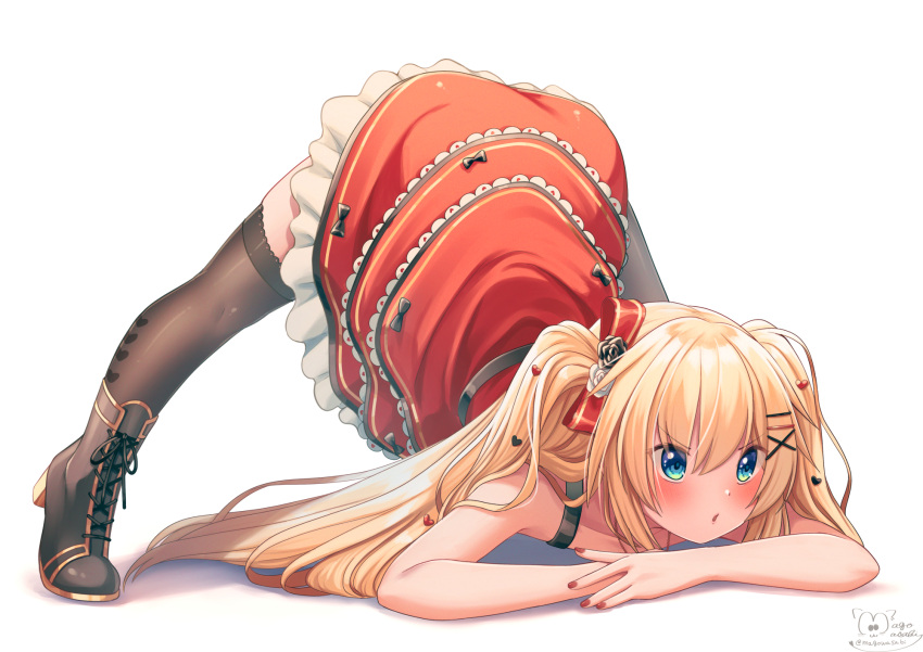 1girl akai_haato bangs bare_arms black_bow black_footwear blonde_hair blue_eyes blush boots bow brown_legwear commentary_request dress eyebrows_visible_through_hair frilled_dress frills full_body hair_between_eyes hair_bow hair_ornament hairclip heart heart_hair_ornament high_heel_boots high_heels highres hololive jack-o'_challenge layered_dress long_hair magowasabi nail_polish parted_lips red_bow red_dress red_nails signature simple_background solo thigh-highs top-down_bottom-up twitter_username two_side_up virtual_youtuber white_background x_hair_ornament