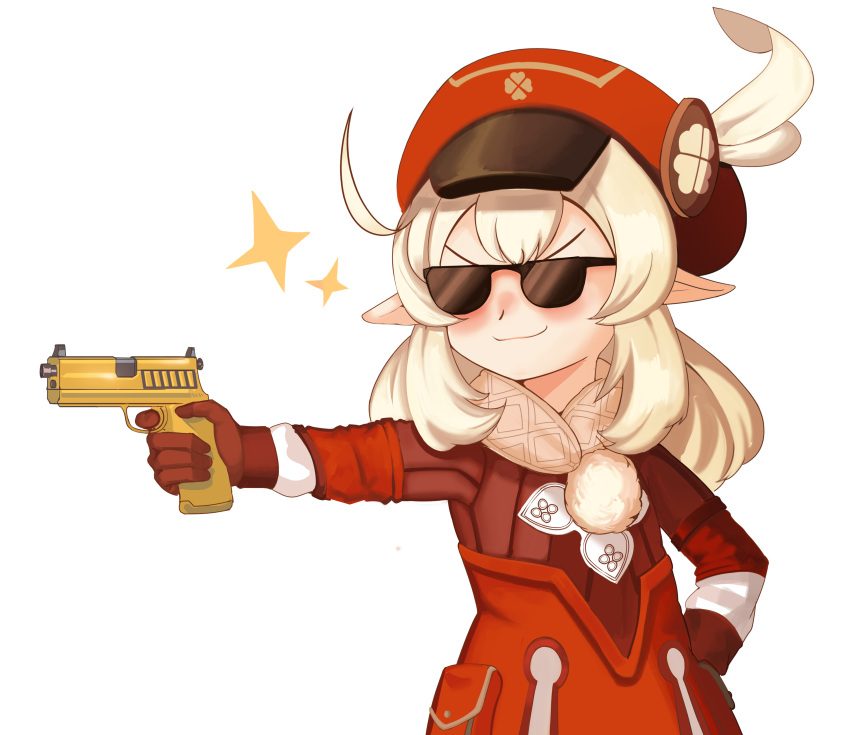 &gt;:) 1girl absurdres ahoge bangs brown_gloves brown_scarf cabbie_hat clover_print coat commentary_request eyebrows_visible_through_hair genshin_impact gloves gun hair_between_eyes hand_on_hip handgun hat hat_feather hat_ornament highres holding holding_gun holding_weapon junho klee_(genshin_impact) light_brown_hair long_hair long_sleeves looking_at_viewer low_twintails pointy_ears red_coat red_headwear scarf sidelocks simple_background smile solo sparkle sunglasses twintails v-shaped_eyebrows weapon white_background
