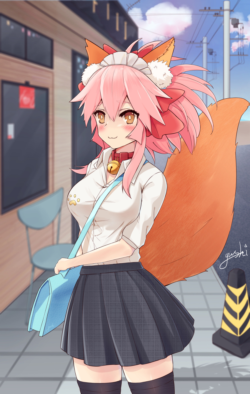 1girl :3 absurdres animal_ear_fluff animal_ears artist_request bell black_skirt blush breasts casual city collar eyebrows_visible_through_hair fate/grand_order fate_(series) fox_ears fox_girl fox_tail hair_ribbon highres jingle_bell large_breasts long_hair looking_at_viewer medium_skirt neck_bell outdoors pink_hair ponytail red_ribbon ribbon school_uniform skirt solo tail tamamo_(fate) tamamo_cat_(fate) thigh-highs thighs yellow_eyes zettai_ryouiki