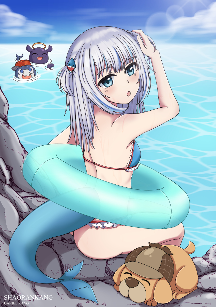 1girl :d absurdres ass bangs bare_back bikini bloop_(gawr_gura) bloopers blue_bikini blue_eyes blue_sky bubba_(watson_amelia) clouds cloudy_sky commentary_request dog eyebrows_visible_through_hair fish_tail from_behind gawr_gura hair_ornament highres hololive hololive_english horizon innertube long_hair looking_at_viewer looking_back mascot midriff ocean open_mouth shaorankang shark_hair_ornament shark_tail sidelocks sky smile squid swimsuit tail tako_(ninomae_ina'nis) two_side_up virtual_youtuber white_hair