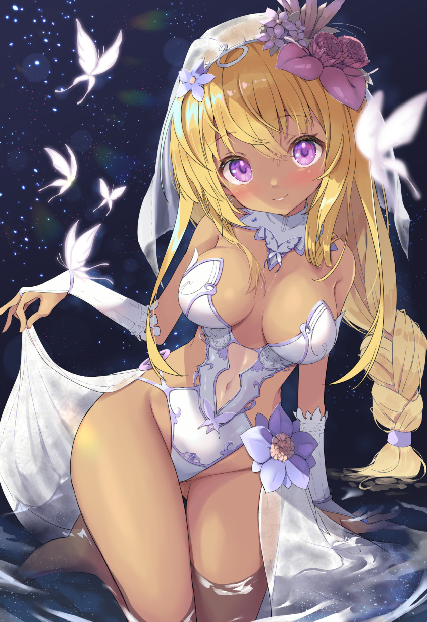 1girl blonde_hair blush braid breasts bridal_veil bug butterfly commission dark-skinned_female dark_skin detached_sleeves dress flower hair_ornament highres holding holding_clothes holding_dress insect long_hair looking_at_viewer navel night nyahu_(nyahu_77) original skeb_commission smile solo swimsuit tan thighs veil violet_eyes water wedding_dress white_dress
