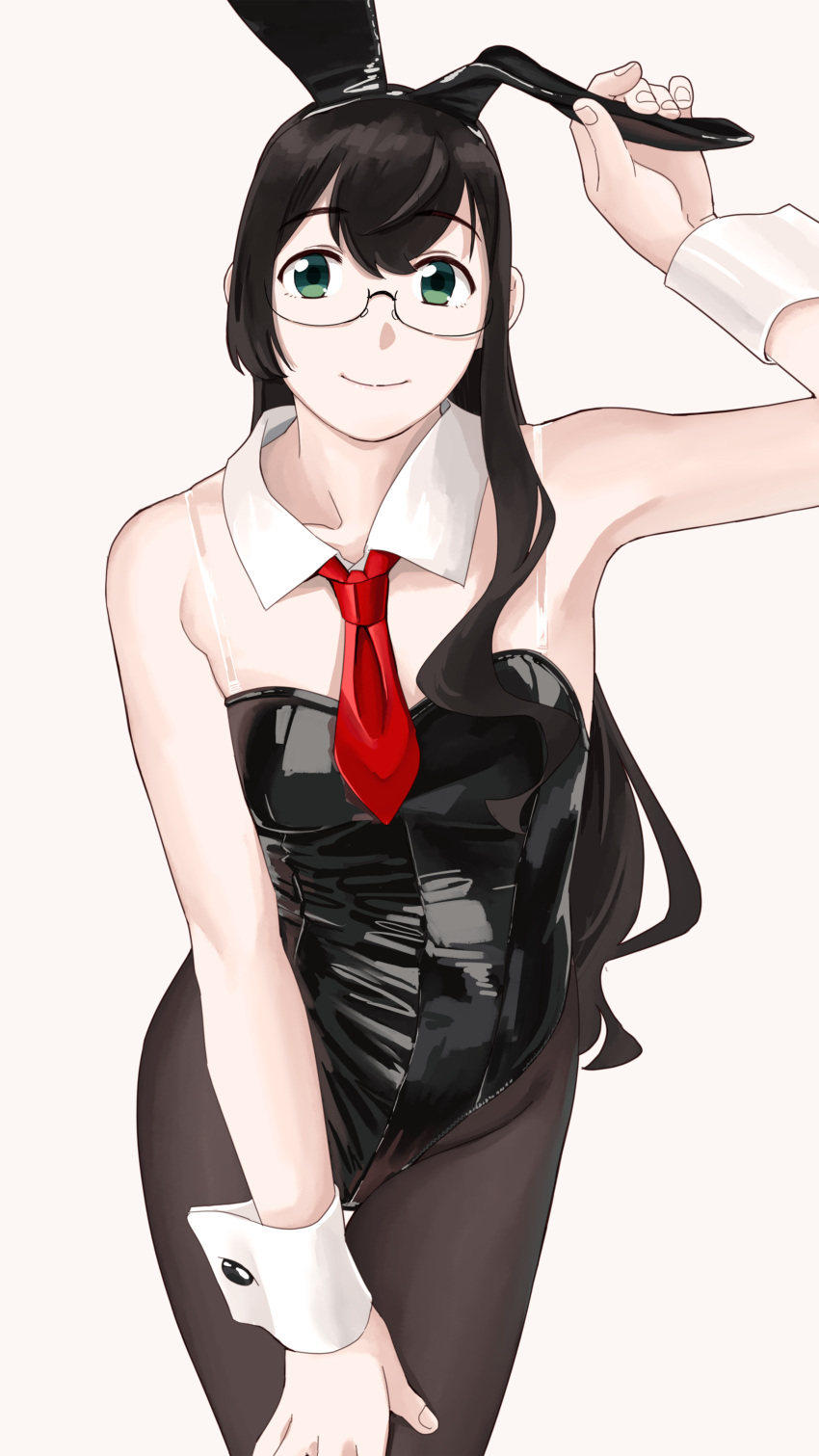 1girl absurdres animal_ears black_hair black_legwear black_leotard breasts cowboy_shot detached_collar glasses green_eyes grey_background hand_on_own_thigh highres kantai_collection leotard long_hair looking_at_viewer neckerchief ojipon ooyodo_(kancolle) pantyhose playboy_bunny rabbit_ears red_neckwear semi-rimless_eyewear simple_background small_breasts solo standing strapless thigh_gap under-rim_eyewear wrist_cuffs