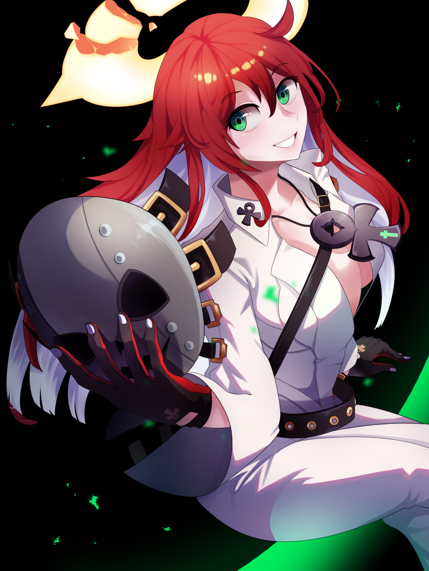 1girl absurdres ankh ankh_necklace aria_(guilty_gear) bangs broken_halo cross green_eyes guilty_gear guilty_gear_strive hair_between_eyes halo highres jack-o'_valentine long_hair mask mask_removed redhead smile