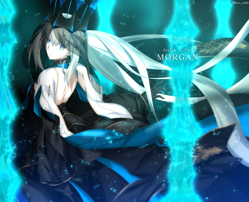 1girl back backless_dress backless_outfit bangs black_dress black_gloves black_veil blue_eyes blue_lips braid character_name choker closed_mouth commentary_request crown dress english_text fate/grand_order fate_(series) floating_hair foo_(pixiv54892036) french_braid gloves hair_between_eyes highres light_particles lips lipstick long_dress long_hair looking_at_viewer magic makeup morgan_le_fay_(fate) pale_skin ponytail sidelocks silver_hair solo twitter_username two-tone_dress veil very_long_hair white_dress wide_sleeves