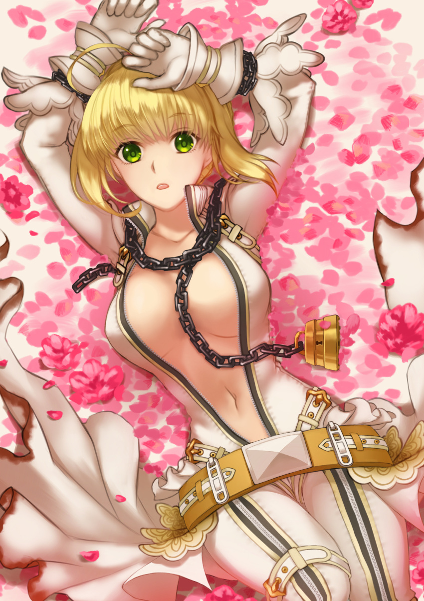 1girl ahoge arms_up bangs belt blonde_hair blush bodysuit breasts chain fate/extra fate/extra_ccc fate_(series) flower_wreath full-length_zipper green_eyes hair_between_eyes hair_intakes head_wreath highres kankitsurui_(house_of_citrus) large_breasts lock long_hair looking_at_viewer loose_belt lying navel nero_claudius_(bride)_(fate) nero_claudius_(fate) on_back open_mouth padlock solo thighs veil white_bodysuit zipper zipper_pull_tab