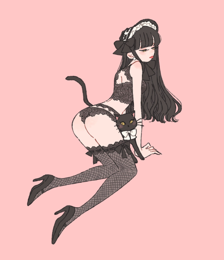 1girl all_fours animal ass backless_outfit black_bow black_bra black_footwear black_hair black_panties bonnet bow bra cat closed_eyes eafrns fishnets from_behind high_heels highres lace lace_panties lingerie long_hair original panties pink_background rikuwo solo thigh-highs tongue tongue_out underwear underwear_only