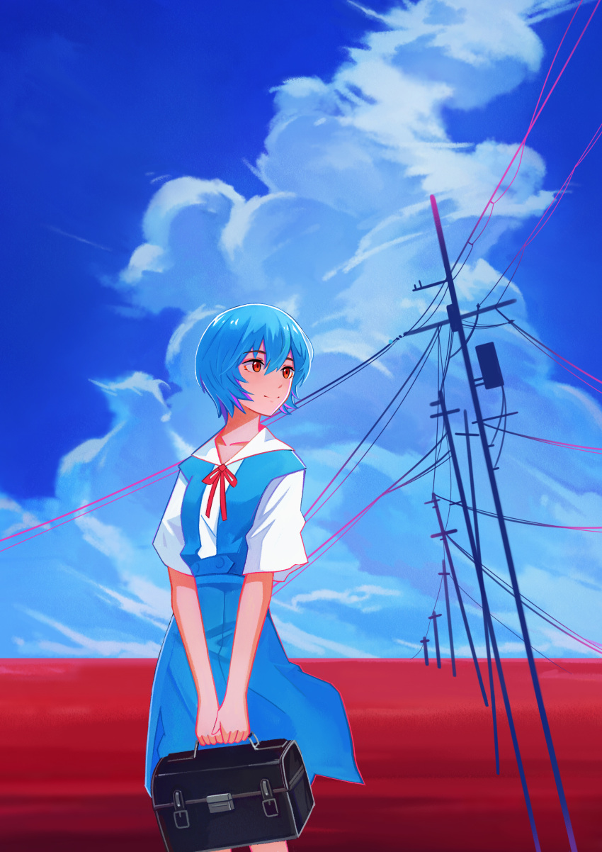 1girl absurdres ayanami_rei blouse blue_hair blue_sky clouds highres looking_to_the_side lunchbox neon_genesis_evangelion power_lines red_eyes red_neckwear ribbon school_uniform short_hair sky smile tokyo-3_middle_school_uniform_(evangelion) user_kekf7257 utility_pole white_blouse