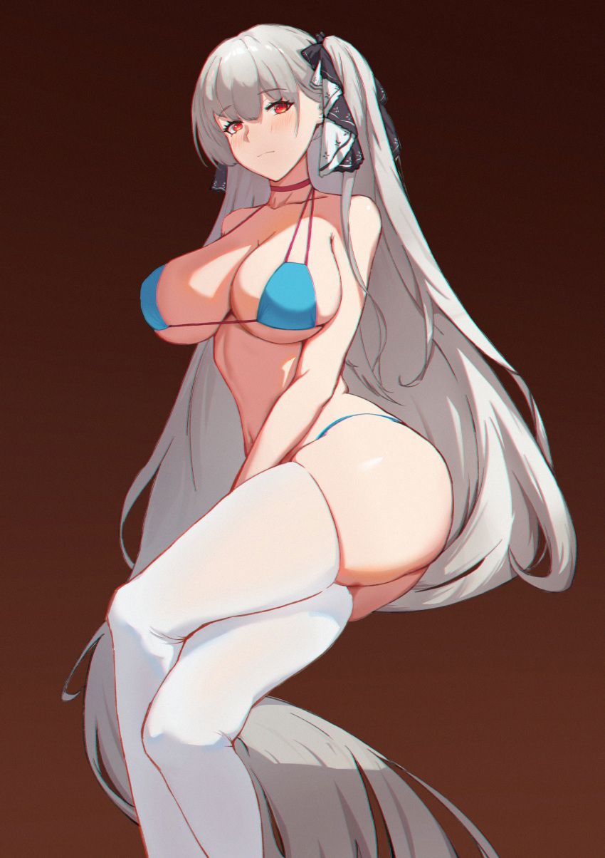 1girl absurdly_long_hair ass azur_lane bikini black_ribbon blue_bikini breasts brown_background choker chromatic_aberration eyebrows_visible_through_hair formidable_(azur_lane) formidable_(the_lady_of_the_beach)_(azur_lane) hair_ribbon highres large_breasts long_hair looking_at_viewer multi-strapped_bikini official_alternate_costume pink_choker red_eyes ribbon simple_background skindentation solo swimsuit thigh-highs twintails very_long_hair white_legwear zxllr