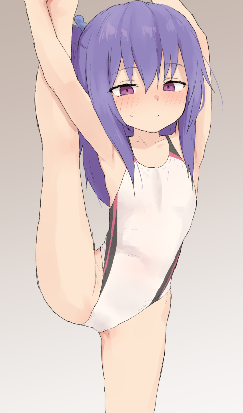 1girl :/ armpits blush closed_mouth competition_swimsuit dot_nose flat_chest grey_background hair_between_eyes hands_above_head hands_up highres leg_up long_hair looking_at_viewer one-piece_swimsuit one_side_up original purple_hair solo split standing standing_on_one_leg standing_split sweat swimsuit violet_eyes white_swimsuit yakihebi