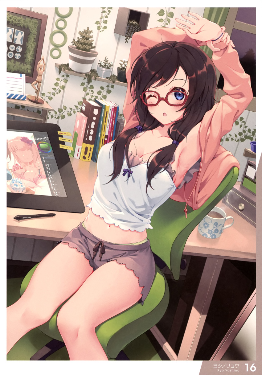 1girl :o absurdres armpits artist_name blue_eyes book breasts brown_hair coffee coffee_mug copyright_name cup desk drawing drawing_tablet glasses highres holding_own_arm indoors long_hair medium_breasts mug one_eye_closed original plant potted_plant red-framed_eyewear solo stretch swivel_chair yoshino_ryou