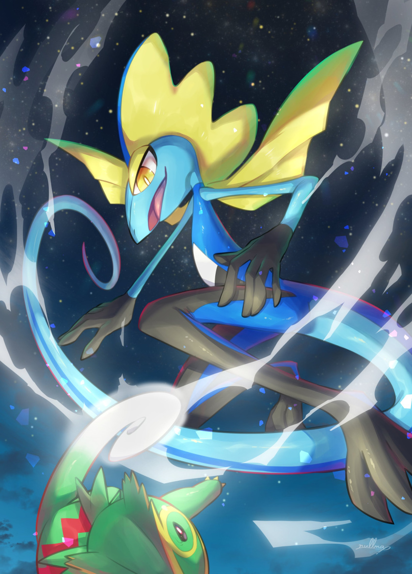 absurdres bright_pupils clouds commentary_request gen_3_pokemon gen_8_pokemon glowing highres inteleon kecleon night nullma open_mouth outdoors pokemon pokemon_(creature) shiny sky smile star_(sky) toes tongue white_pupils yellow_eyes