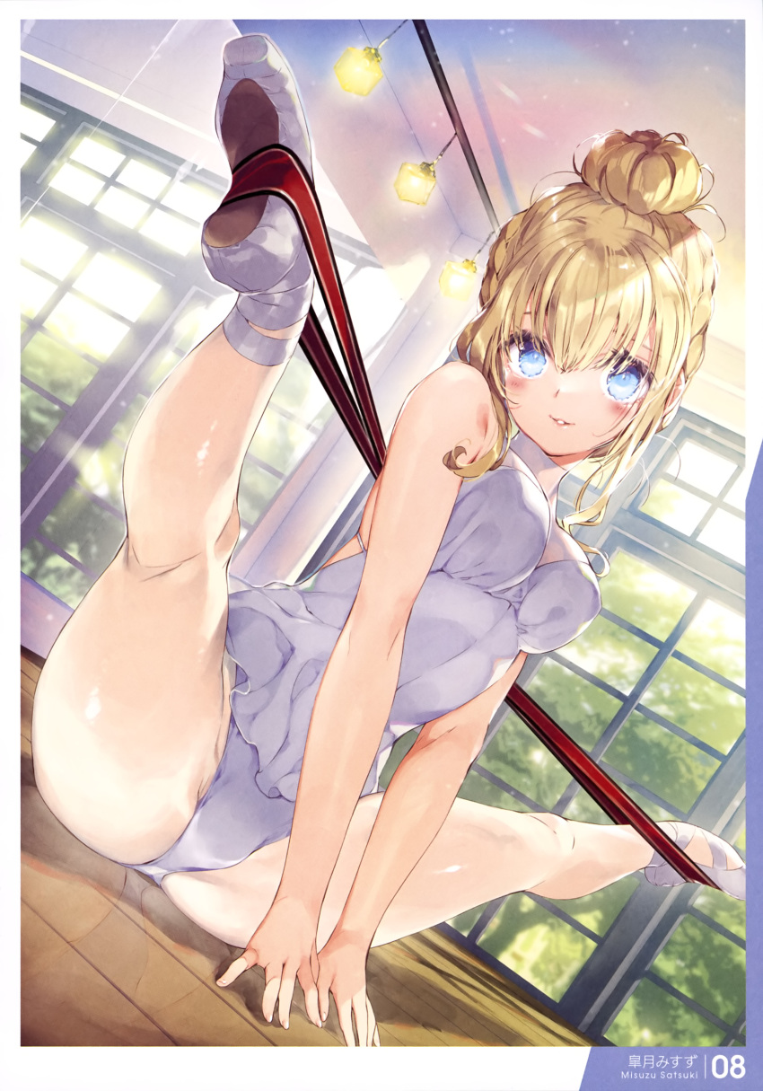 1girl absurdres artbook artist_name ballerina ballet_slippers blonde_hair blue_eyes blush bun contortion copyright_name crotch dress flexible from_below full_body groin_tendon highres indoors legs looking_at_viewer mirror original page_number panties pointe_shoes reflection reflective_floor ribbon satsuki_misuzu scan solo spread_legs stretch tied_hair underwear white_dress white_panties