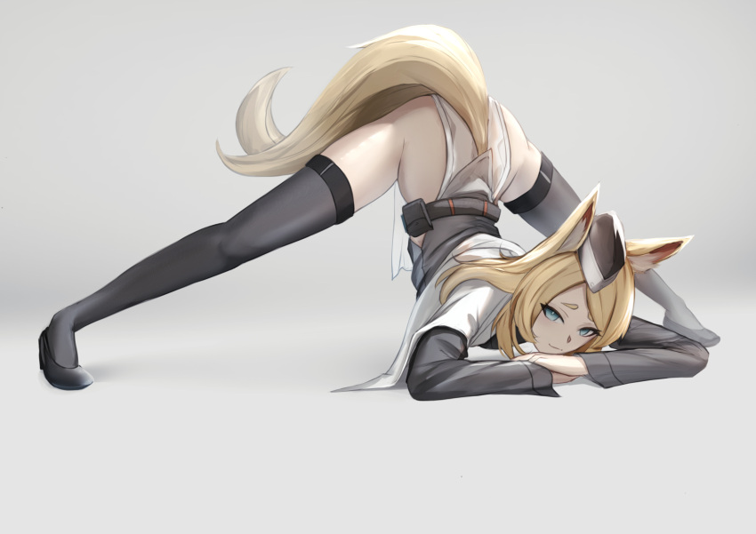 1girl animal_ears arknights black_headwear black_legwear blonde_hair blue_eyes closed_mouth commentary english_commentary full_body grey_background hat highres horse_ears horse_girl horse_tail jack-o'_challenge krirk long_hair long_sleeves looking_at_viewer meme smile solo tail thigh-highs top-down_bottom-up whislash_(arknights)