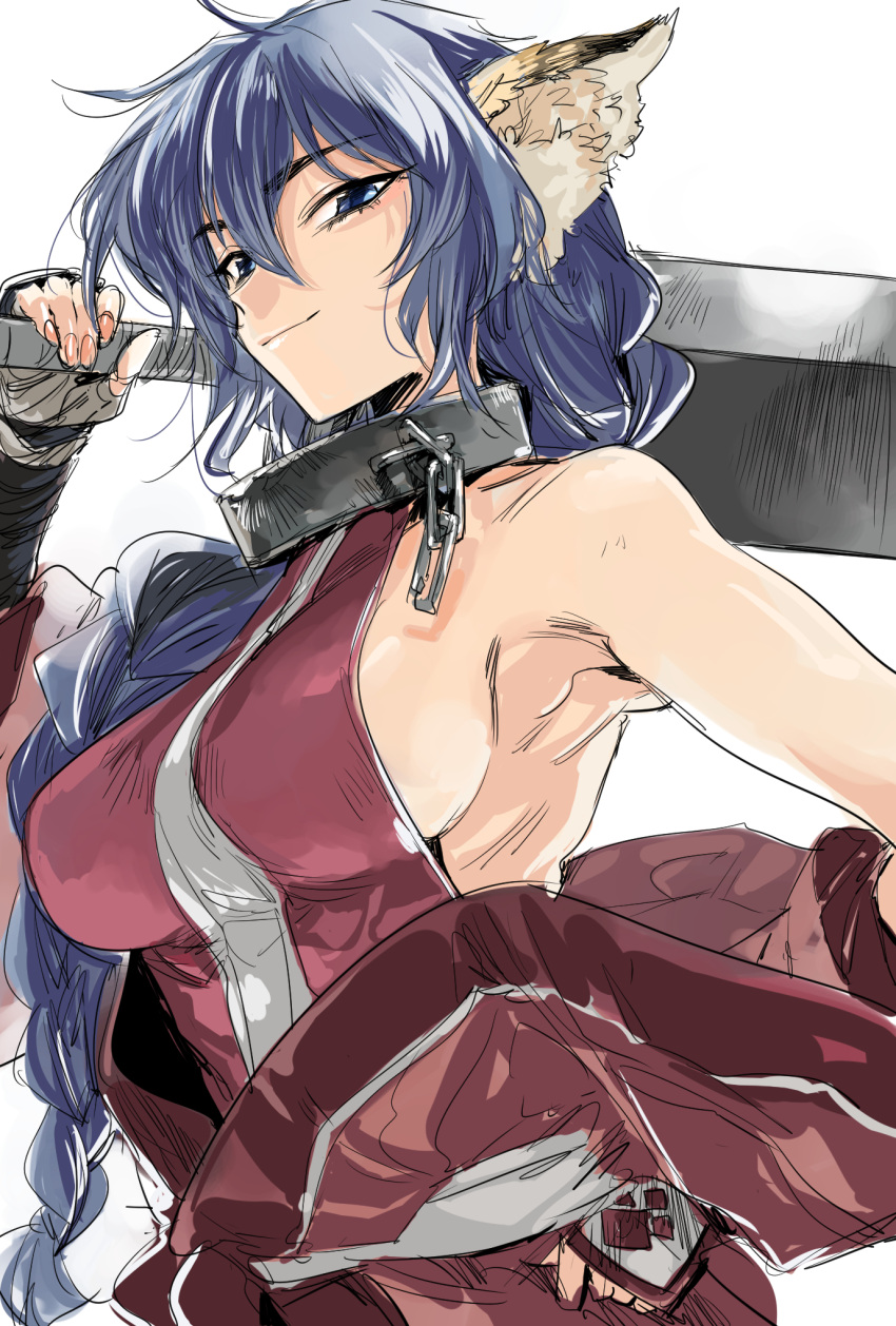 1girl animal_ear_fluff animal_ears bare_shoulders blue_eyes blue_hair braid breasts cat_ears cat_girl closed_mouth collar commentary_request fingerless_gloves gloves highres holding holding_sword holding_weapon ikuhana_niiro karura_(utawarerumono) large_breasts long_hair looking_at_viewer metal_collar off_shoulder sideboob smile solo sword utawarerumono very_long_hair weapon