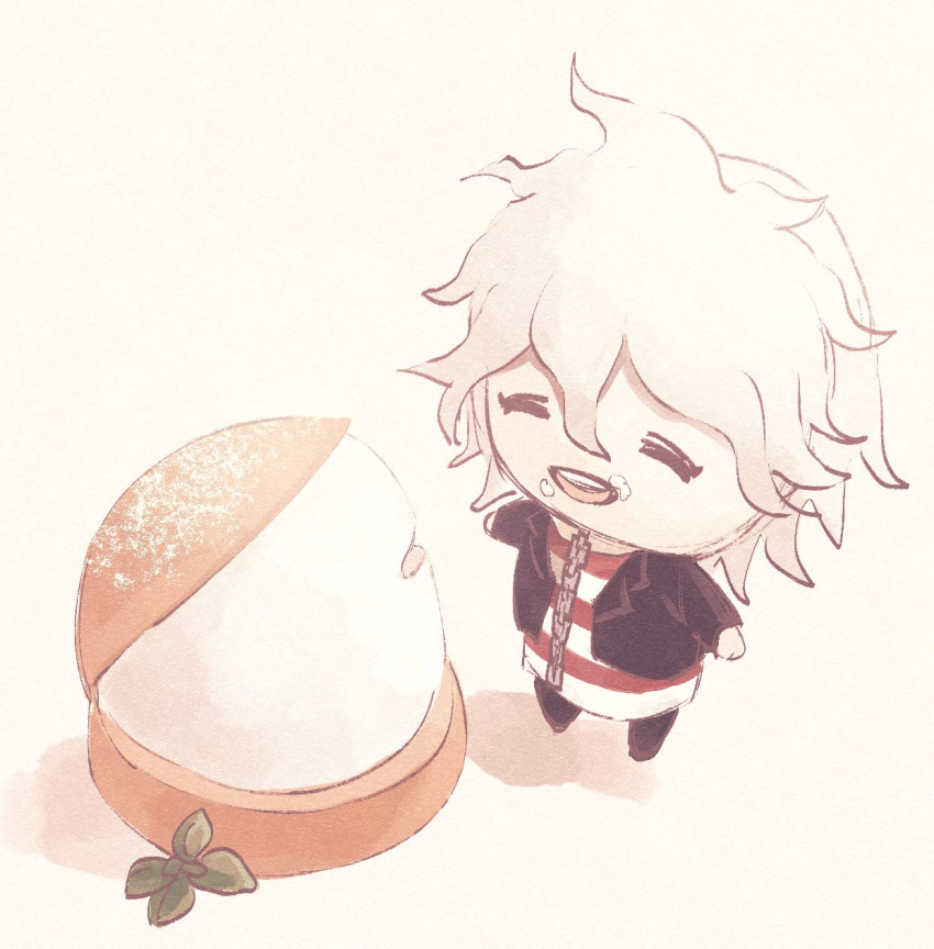1boy bangs black_jacket black_pants blush chain chained chibi closed_eyes commentary_request dangan_ronpa_(series) dangan_ronpa_another_episode:_ultra_despair_girls food food_on_face highres hougu_(hougu_kmh) jacket komaeda_nagito long_sleeves male_focus messy_hair open_clothes open_jacket open_mouth pants red_shirt shirt short_hair solo striped striped_shirt white_shirt