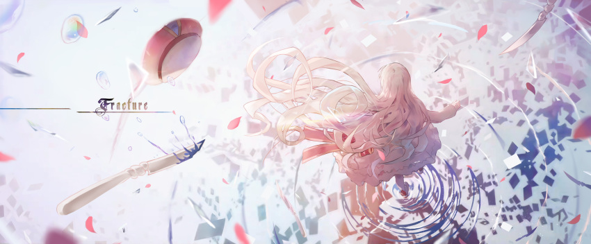 1girl absurdres arcaea beret commentary dress english_commentary english_text facing_away floating_hair hat hat_removed headwear_removed highres hikari_(arcaea) long_hair long_sleeves pantyhose petals puffy_long_sleeves puffy_sleeves red_headwear ripples shoes solo tsubaki_(yi) very_long_hair walking walking_on_liquid water white_dress white_footwear white_hair white_legwear