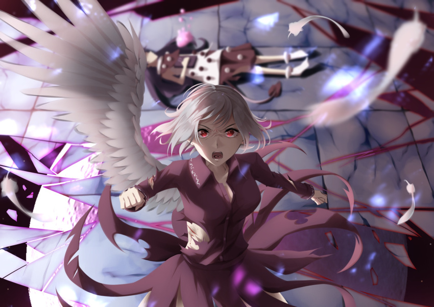 2girls angel_wings angry blood blue_hair blurry blurry_background bobby_socks book breasts clenched_hands collared_dress cracked_floor doremy_sweet dream_soul dream_world_(touhou) dress feathered_wings feathers hat hat_removed headwear_removed highres injury jacket jacket_removed kishin_sagume long_hair long_sleeves looking_at_viewer medium_breasts moon multiple_girls open_mouth otomeza_ryuseigun pom_pom_(clothes) purple_dress red_eyes short_hair short_sleeves single_wing socks tail tapir_tail tongue_tattoo torn_clothes torn_sleeves touhou upper_teeth v-shaped_eyebrows white_hair wings