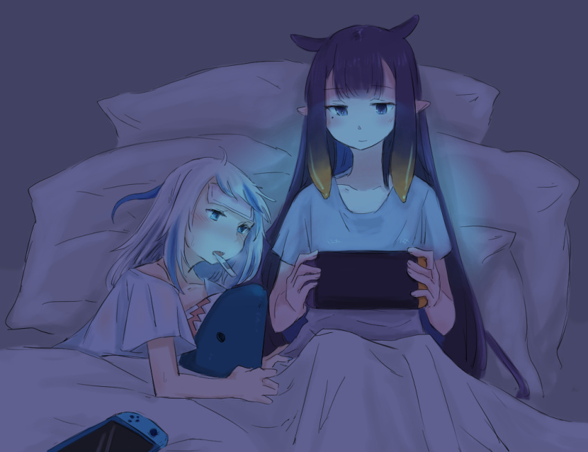 2girls aoi_(aoisaka) bangs bed blue_eyes blue_hair blunt_bangs gawr_gura hololive hololive_english long_hair multicolored_hair multiple_girls ninomae_ina'nis nintendo nintendo_switch open_mouth pointy_ears purple_hair sharp_teeth sick teeth tentacle_hair thermometer under_covers virtual_youtuber