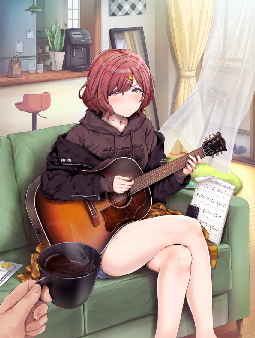 1boy 1girl acoustic_guitar amekasaikuta black_jacket blue_shorts blush cellphone coffee coffee_maker_(object) couch crossed_legs cup curtains feet_out_of_frame guitar highres higuchi_madoka holding holding_cup hood hoodie idolmaster idolmaster_shiny_colors indoors instrument jacket jacket_partially_removed looking_at_viewer mirror mole mole_under_eye music nail_polish on_couch phone playing_instrument pov pov_hands redhead refrigerator sheet_music short_hair shorts sweatdrop thighs