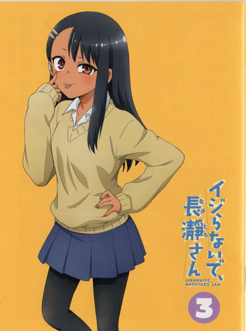 1girl :d akanbe black_hair black_legwear blue_skirt color_halftone copyright_name cowboy_shot dark-skinned_female dark_skin finger_to_eye hair_ornament hairclip highres ijiranaide_nagatoro-san nagatoro_hayase official_art open_mouth orange_background pantyhose pleated_skirt scan simple_background skirt sleeves_past_wrists smile solo sweater tongue tongue_out uneven_eyes yellow_sweater