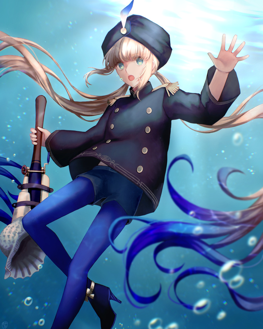 1boy absurdres air_bubble bangs black_headwear black_jacket blue_hair blue_pants blush bubble captain_nemo_(fate) conch fate/grand_order fate_(series) gradient_hair green_eyes hat_feather high_heels highres horn_(instrument) jacket kankitsurui_(house_of_citrus) light_brown_hair long_hair long_sleeves looking_at_viewer multicolored_hair open_mouth pants solo thighs tight tight_pants turban two-tone_hair underwater