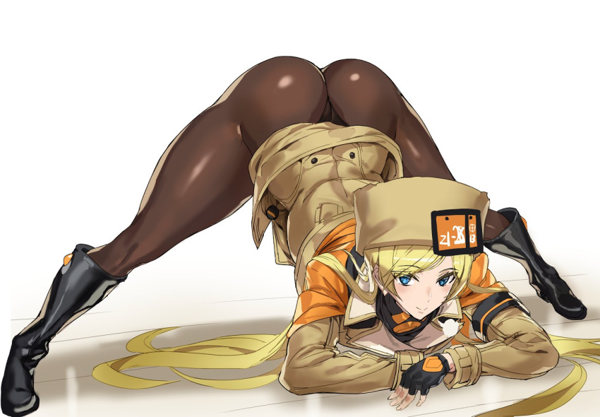 1girl arched_back ashiomi_masato ass bangs black_footwear black_gloves black_panties blonde_hair blue_eyes boots brown_headwear closed_mouth eyebrows_visible_through_hair fingerless_gloves flexible gloves guilty_gear guilty_gear_strive hat jack-o'_challenge long_hair long_sleeves looking_at_viewer millia_rage panties pantyhose simple_background solo spread_legs swept_bangs thick_thighs thighs top-down_bottom-up underwear white_background