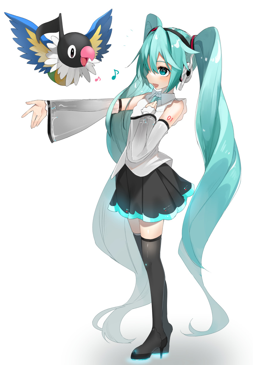 1girl :d absurdres arm_tattoo bangs bare_shoulders black_skirt blush boots chatot crossover detached_sleeves eyelashes full_body gen_4_pokemon green_eyes green_hair hair_tie hatsune_miku highres long_hair musical_note open_mouth outstretched_arm pleated_skirt pokemon pokemon_(creature) reirou_(chokoonnpu) shirt skirt sleeveless sleeveless_shirt smile standing symbol-only_commentary tattoo thigh-highs thigh_boots tied_hair twintails very_long_hair vocaloid white_background
