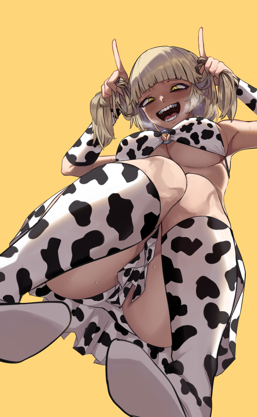 1girl :d alternate_costume alternate_hairstyle animal_print ass bangs bikini blunt_bangs boku_no_hero_academia boots breasts cow_print crazy_eyes crazy_smile elbow_gloves fangs fingerless_gloves floating frilled_bikini_bottom from_below gloves highres holding holding_hair kneehighs kobi420 looking_at_viewer looking_down medium_breasts o-ring o-ring_bikini open_mouth pointing pointing_up simple_background smile solo steam sweat sweatdrop swimsuit teeth thighs toga_himiko under_boob yellow_background yellow_eyes