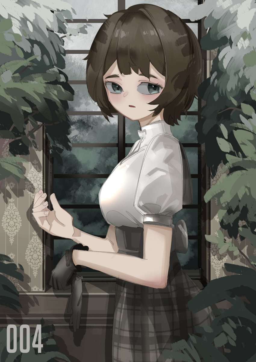 1girl absurdres black_gloves brown_hair brown_skirt from_side gloves gloves_removed green_eyes highres looking_at_viewer looking_to_the_side mnnnya original parted_lips puffy_short_sleeves puffy_sleeves shirt short_hair short_sleeves single_glove skirt solo white_shirt