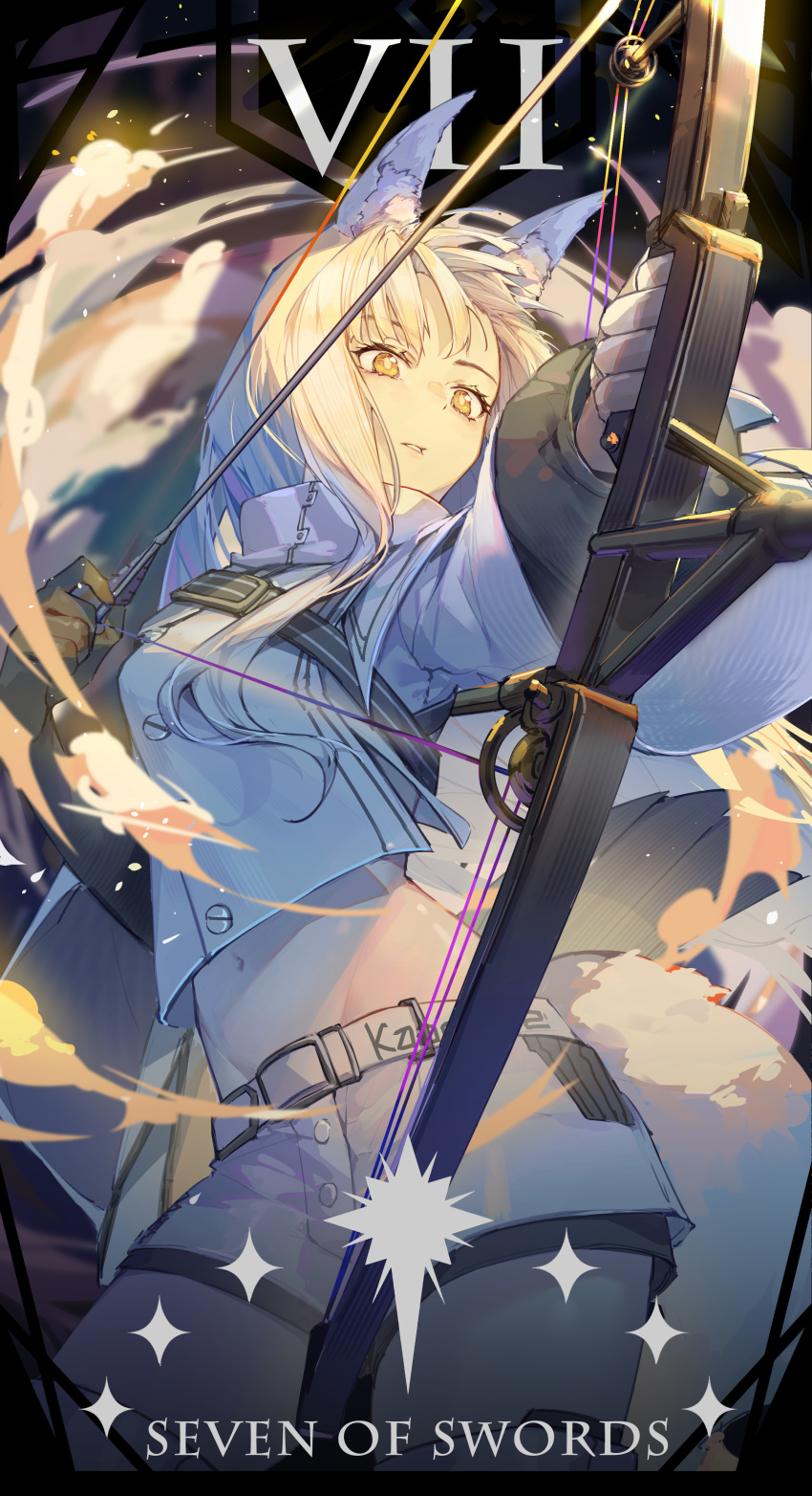 1girl absurdres animal_ear_fluff animal_ears arknights arrow_(projectile) bow bow_(weapon) compound_bow cowboy_shot cropped_jacket drawing_bow groin highres holding holding_bow holding_bow_(weapon) holding_weapon horse_ears horse_girl horse_tail jacket kotatsu_kaya long_hair looking_to_the_side midriff navel platinum platinum_(arknights) roman_numeral shorts solo tail thighs weapon white_hair white_jacket white_shorts yellow_eyes