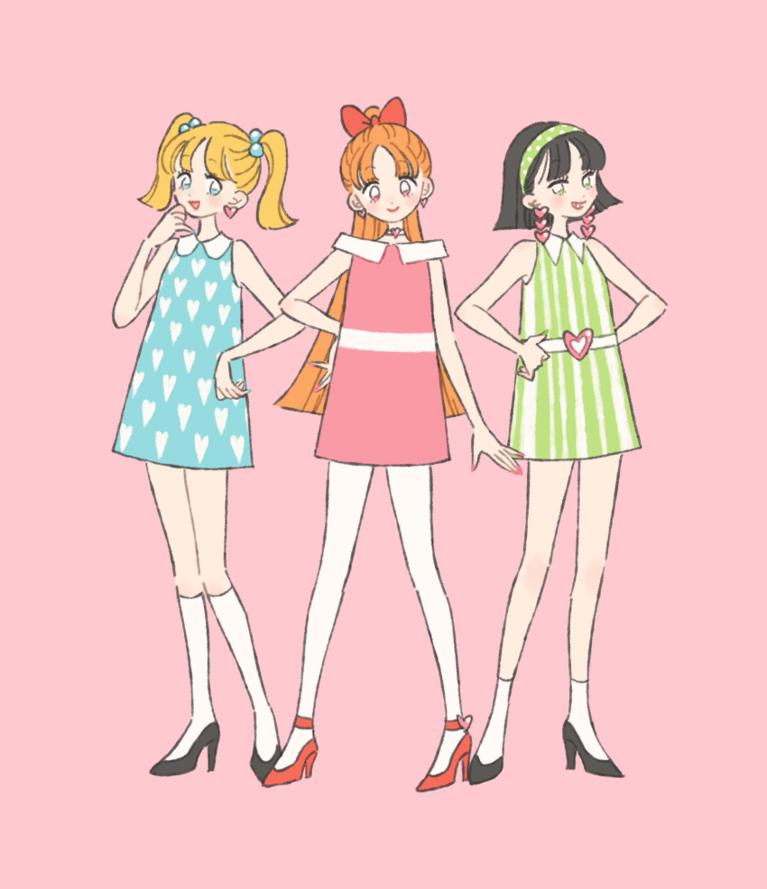 1960s_(style) 3girls bangs belt blossom_(ppg) blue_eyes bob_cut bow bubbles_(ppg) buttercup_(ppg) child choker collared_dress dress earrings fashion flat_chest green_dress green_eyes hair_bobbles hair_bow hair_ornament hairband headband heart heart_earrings heart_necklace heart_print high_heels highres jewelry leggings multiple_girls petite pink_background pink_bow pink_dress pink_eyes ponytail powerpuff_girls print_dress retro_artstyle rikuwo short_hair siblings sisters socks twintails vintage_clothes white_legwear