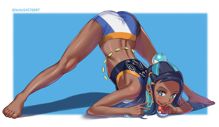 1girl arm_rest ass bare_shoulders barefoot belly_chain bike_shorts black_hair blue_background blue_eyes blue_eyeshadow blue_hair breasts commentary_request covered_mouth dark-skinned_female dark_skin earrings eyeshadow flexible full_body hair_bun hands_on_ground highres holding holding_poke_ball hoop_earrings jack-o'_challenge jewelry long_hair looking_at_viewer makeup meme midriff multicolored_hair nessa_(pokemon) number partial_commentary poke_ball poke_ball_(basic) pokemon pokemon_(game) pokemon_swsh pose shadow sidelocks simple_background solo spread_legs stretch toes toin_(koto54576897) top-down_bottom-up twitter_username two-tone_hair v white_background wide_spread_legs
