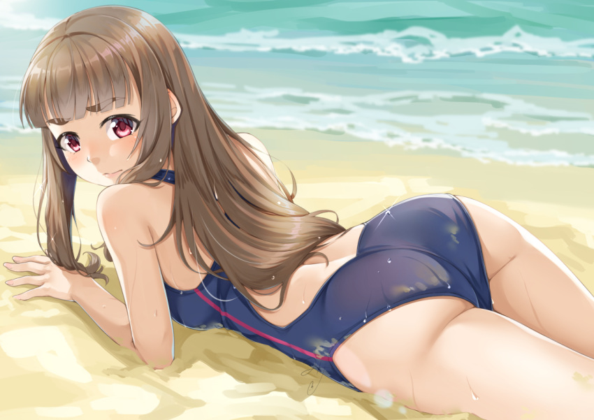 1girl ass bangs beach brown_hair closed_mouth commentary_request competition_swimsuit day eyebrows_visible_through_hair idolmaster idolmaster_cinderella_girls kamiya_nao long_hair looking_at_viewer looking_back lying miri_(ago550421) on_ground on_stomach one-piece_swimsuit outdoors red_eyes sand solo swimsuit thick_eyebrows very_long_hair water wet