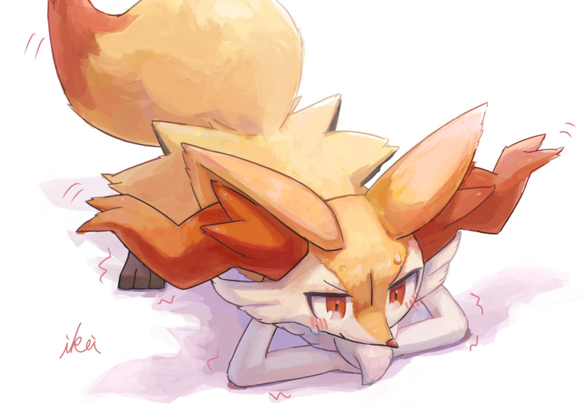 all_fours animal_ear_fluff animal_ears arm_support blush braixen fox_ears fox_tail full_body furry gen_6_pokemon highres ikei jack-o'_challenge pokemon red_eyes signature simple_background solo sweat symbol-only_commentary tail trembling tsurime v-shaped_eyebrows white_background