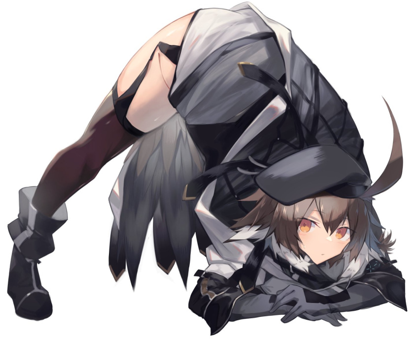 1girl ahoge arknights arm_rest ass bangs beret bird_tail black_gloves black_headwear black_legwear blush boots brown_hair cloak commentary_request eyebrows_visible_through_hair feather_hair flexible full_body garter_straps gloves hair_between_eyes hat jack-o'_challenge looking_at_viewer meme multicolored_hair plume_(arknights) sasa_onigiri short_hair simple_background solo spread_legs tail thigh-highs top-down_bottom-up two-tone_hair white_background white_hair wide_spread_legs yellow_eyes