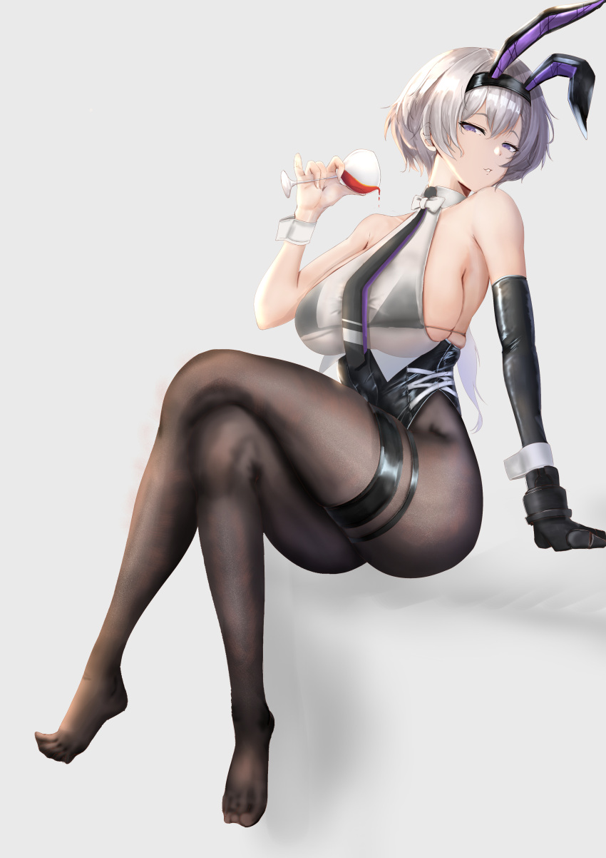 1girl absurdres alcohol animal_ears arm_strap arm_support ass azur_lane bangs bare_shoulders black_bra black_gloves black_hairband black_legwear black_leotard black_neckwear bow bowtie bra breasts collarbone collared_shirt commentary_request crop_top crossed_legs cup drinking_glass elbow_gloves eyebrows_visible_through_hair facing_to_the_side fake_animal_ears full_body gloves grey_hair groin hair_between_eyes hairband highres holding holding_cup invisible_chair large_breasts leotard long_sleeves looking_at_viewer low_ponytail metal_gloves mippei29 necktie no_shoes official_alternate_costume pantyhose parted_hair parted_lips partial_commentary playboy_bunny pouring_onto_self rabbit_ears reno_(azur_lane) reno_(reno_bunnino)_(azur_lane) see-through see-through_shirt shadow shirt sideboob sidelocks simple_background single_elbow_glove sitting skindentation sleeveless sleeveless_shirt solo thigh_strap underwear violet_eyes white_nails white_shirt wine wine_glass wrist_cuffs