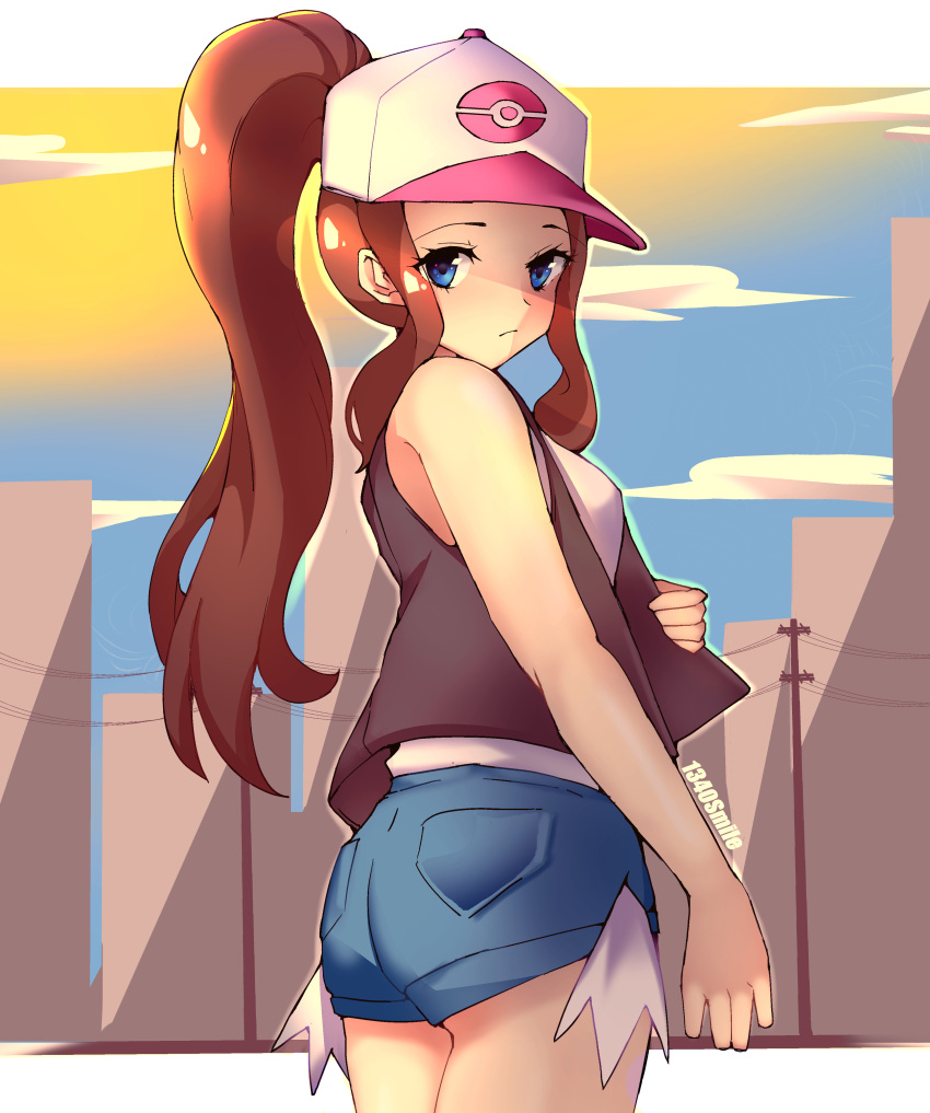 1340smile 1girl absurdres baseball_cap blue_eyes brown_hair brown_vest closed_mouth clouds commentary day denim denim_shorts eyelashes hat high_ponytail highres hilda_(pokemon) long_hair looking_at_viewer open_clothes open_vest outdoors pokemon pokemon_(game) pokemon_bw power_lines shirt short_shorts shorts sidelocks sky sleeveless sleeveless_shirt solo two-tone_headwear utility_pole vest white_shirt