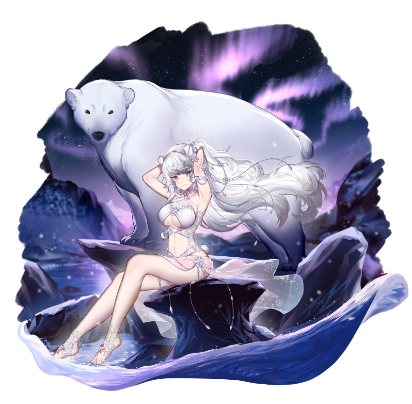 1girl absurdres animal animal_ears arknights arms_behind_head aurora bear bear_ears bear_tail bikini blue_eyes blue_hair blue_nails breasts chinese_commentary commentary_request fengchaoqu floating_hair full_body gem hair_ornament highres long_hair looking_at_viewer multicolored multicolored_hair multicolored_nails nail_polish navel outdoors polar_bear red_eyes red_nails redhead rock rosa_(arknights) sitting snow snowflake_hair_ornament snowflake_ornament solo streaked_hair swimsuit tail toenail_polish toenails under_boob very_long_hair white_background white_bikini white_hair