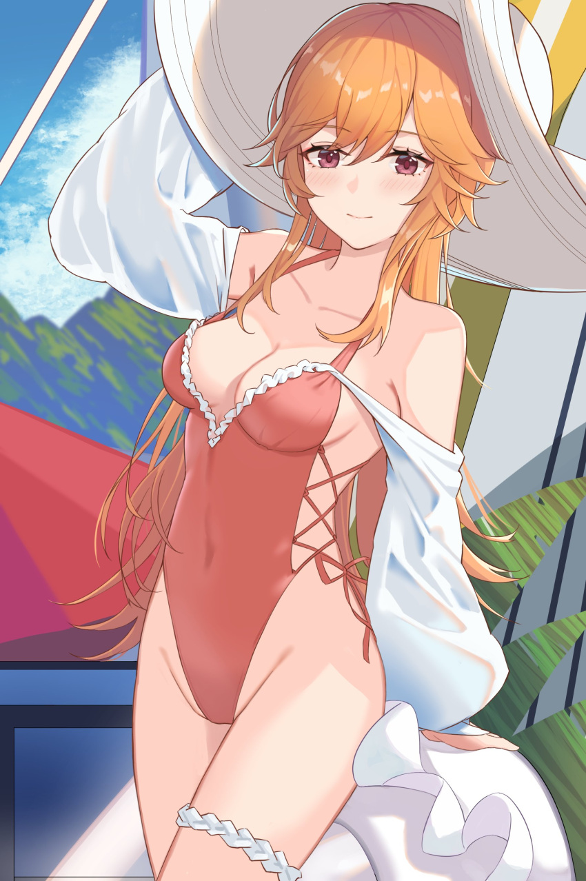 1girl absurdres arm_up azur_lane bangs bare_shoulders blue_sky breasts closed_mouth collarbone covered_navel day eyebrows_visible_through_hair eyelashes groin hair_between_eyes hat highleg highleg_swimsuit highres kuwahara_taiki light_smile long_hair long_sleeves looking_at_viewer medium_breasts official_alternate_costume orange_hair outdoors red_swimsuit richelieu_(azur_lane) richelieu_(flagship_in_the_sea_breeze)_(azur_lane) shiny shiny_hair sky solo sun_hat swimsuit thighs white_headwear white_legwear