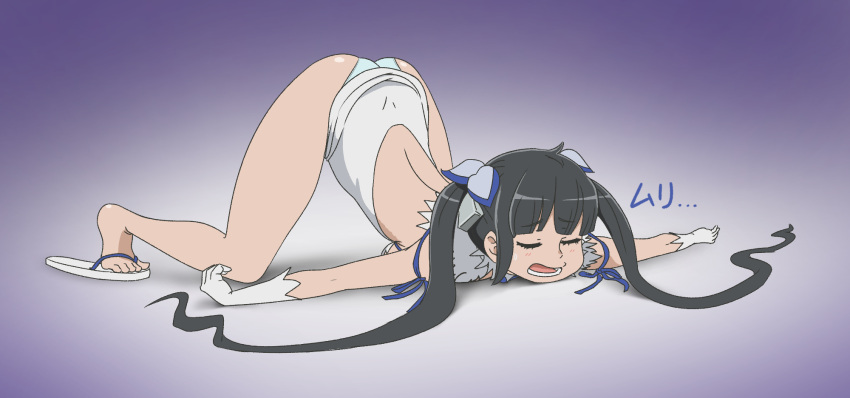 1girl ass black_hair blue_ribbon dress dungeon_ni_deai_wo_motomeru_no_wa_machigatteiru_darou_ka flip-flops gloves hair_ribbon hestia_(danmachi) highres jack-o'_challenge long_hair meme open_mouth pencil_dress rei_no_himo ribbon sandals sleeping solo top-down_bottom-up twintails type_x white_dress white_gloves