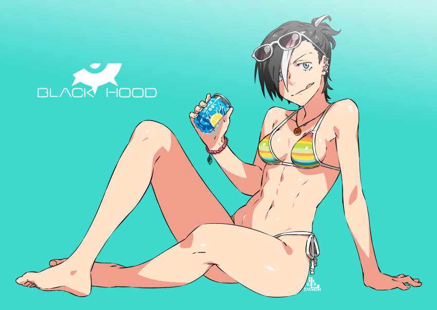 1girl :q ass bare_shoulders barefoot bikini black_hair black_hood bracelet breasts can earrings eyewear_on_head highres jewelry kamezaemon looking_at_viewer necklace original ponytail short_hair sitting smile solo sunglasses swimsuit tongue tongue_out white_hair