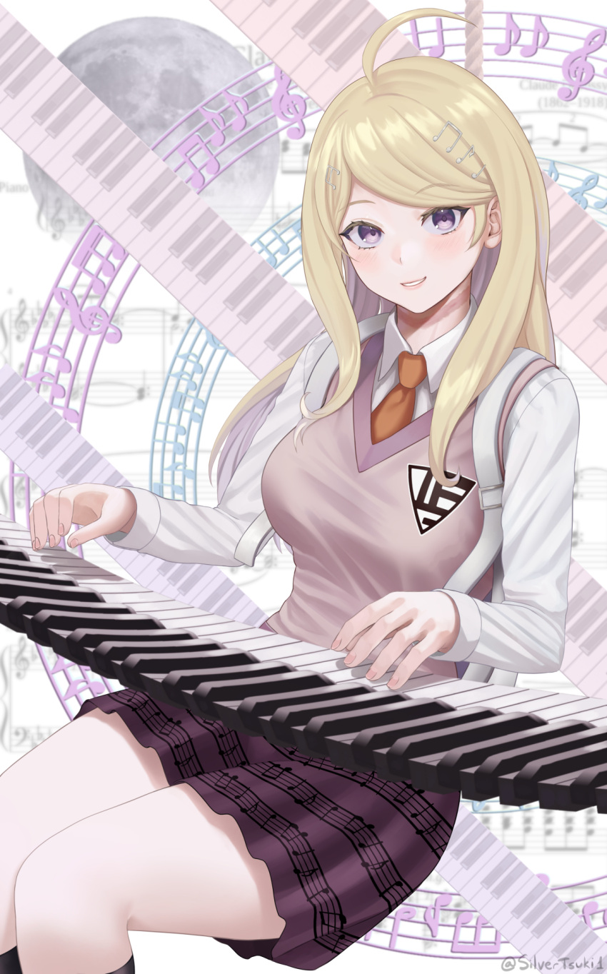 1girl ahoge akamatsu_kaede backpack bag bangs black_legwear blonde_hair breasts collared_shirt commentary_request dangan_ronpa_(series) dangan_ronpa_v3:_killing_harmony english_commentary floating floating_object hair_ornament highres instrument keyboard_(instrument) kneehighs large_breasts long_hair long_sleeves looking_at_viewer mixed-language_commentary moon musical_note musical_note_hair_ornament necktie open_mouth parted_lips pleated_skirt rope rope_marks school_uniform shiny shiny_hair shirt silvertsuki1 skirt smile spoilers sweater_vest teeth white_shirt